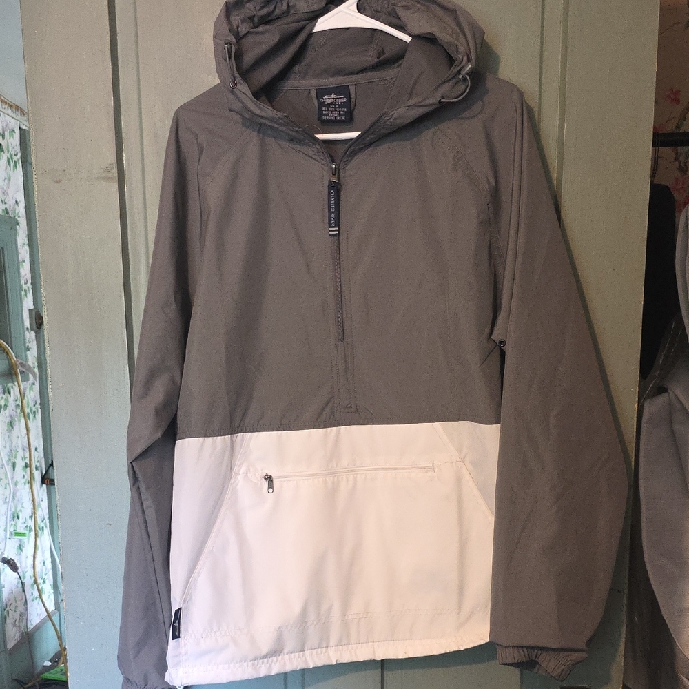 Charles River Apparel Gray and White Windbreaker Half-Zip Hooded